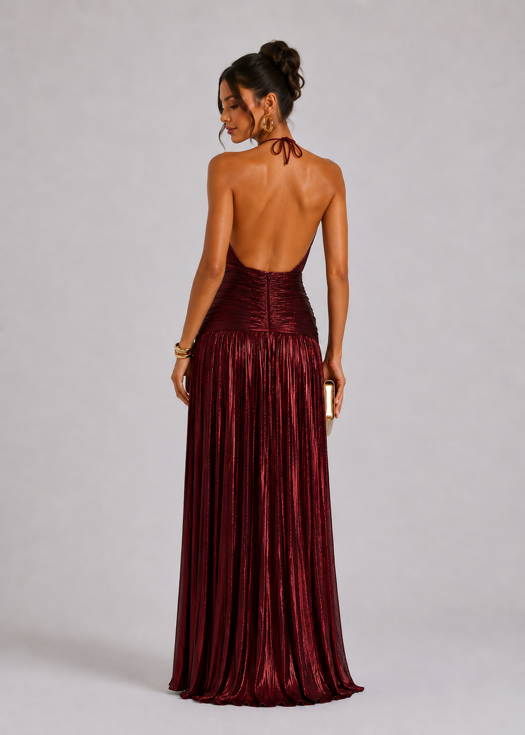 Elegant Satin Pleated Long Dress with Halter Neck for Women