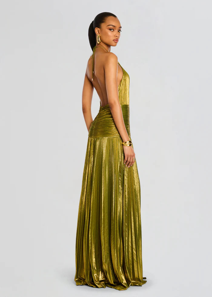 Elegant Satin Pleated Long Dress with Halter Neck for Women