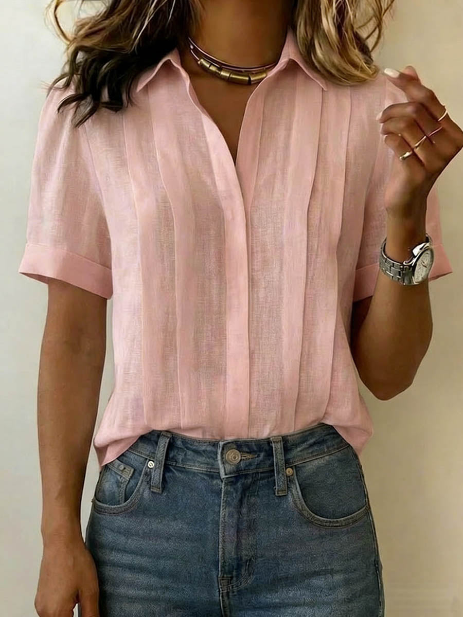 Women's Lapel Short-sleeved Casual Loose Pleated Cotton And Linen Shirt