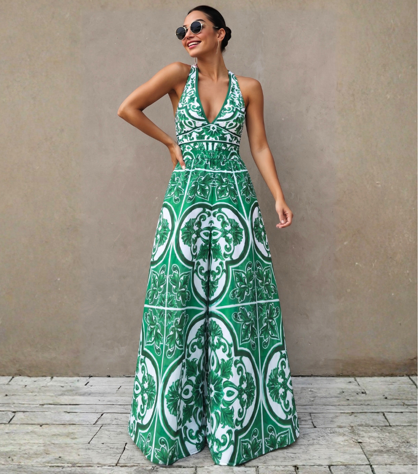 V Neck Classic Majolica Series Pattern Print One Piece Swimsuit and Pants or Skirt