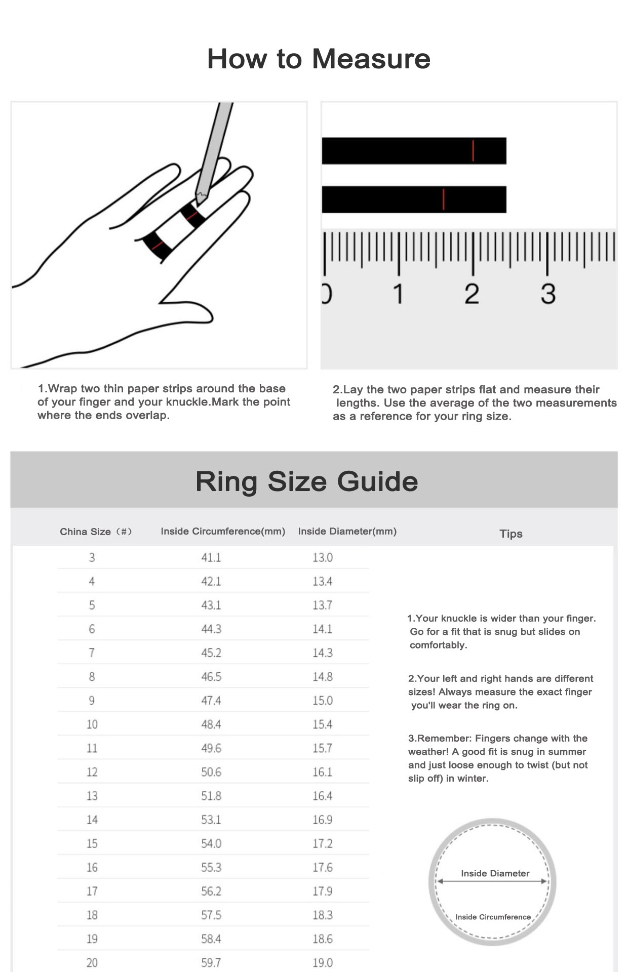 Ring measurement guide with sizing chart and adjustable feature instructions