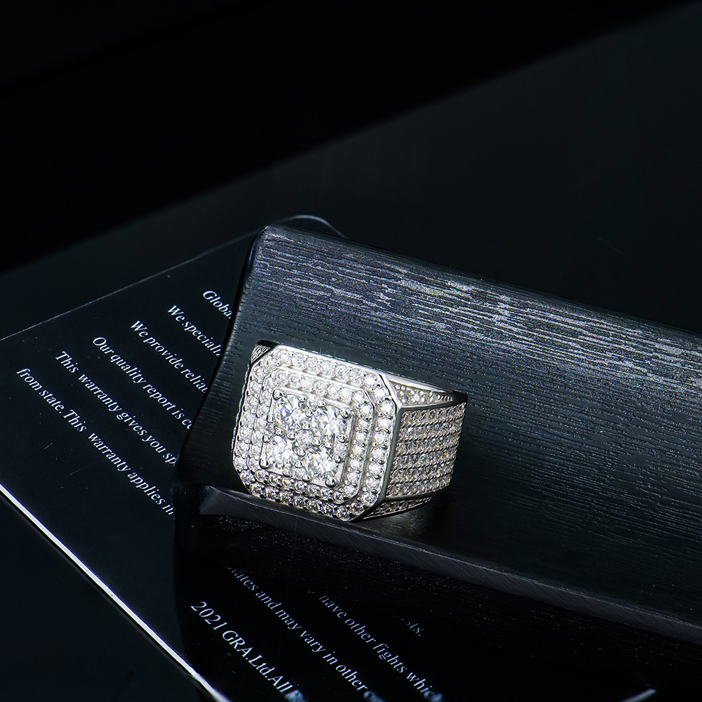 Close-up of ring band details with secure setting and polished finish