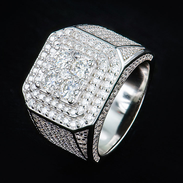 Front view of Hip Hop Fully Pavé-Lab Moissanite Ring S925 on urban style background