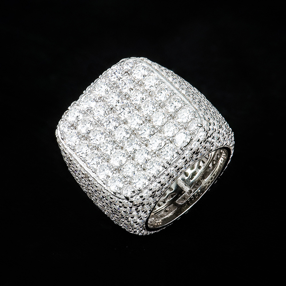Side profile of men's pavé moissanite ring showing band thickness and setting structure