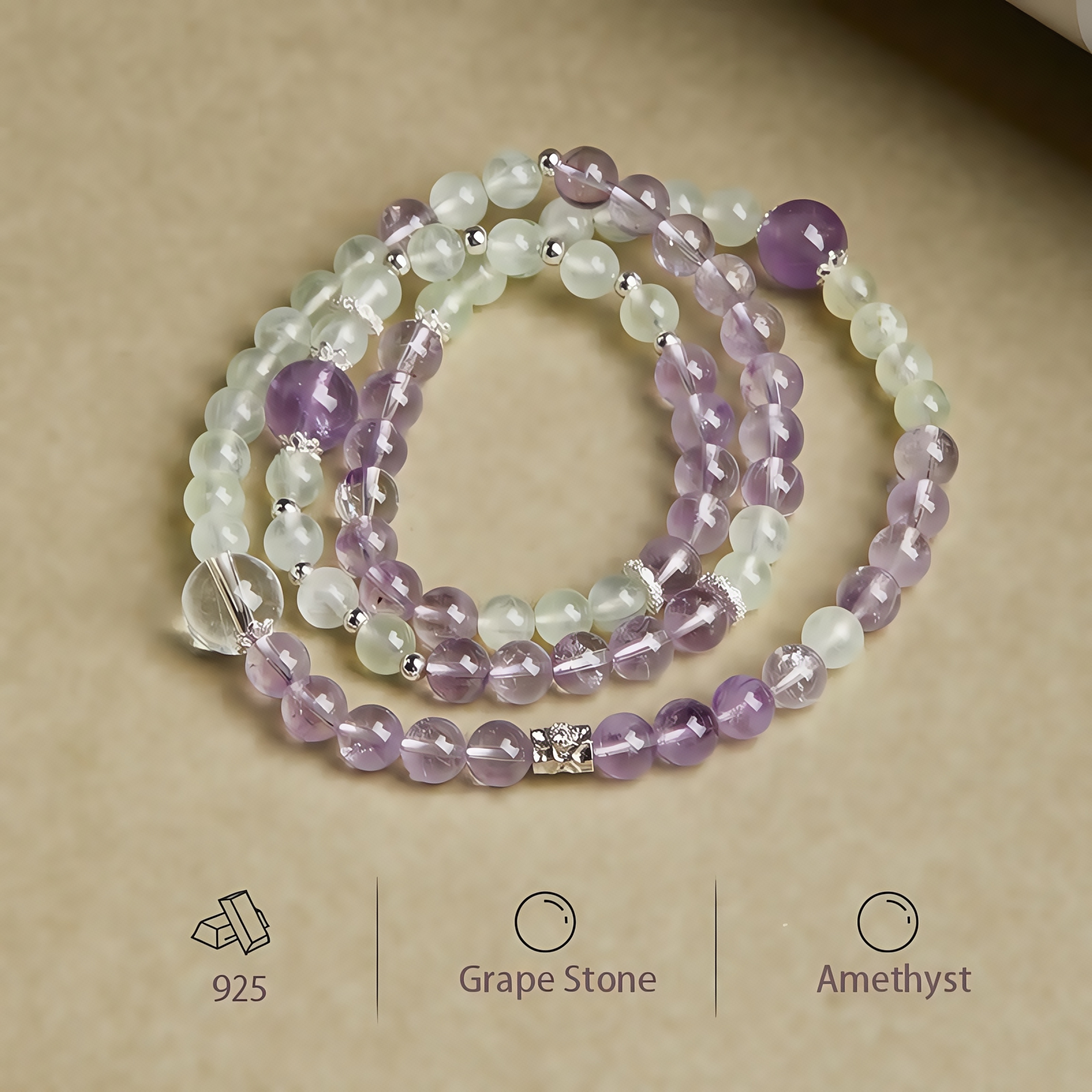 S925 Silver Prehnite Amethyst Bead Bracelet-SlimGlow Lab