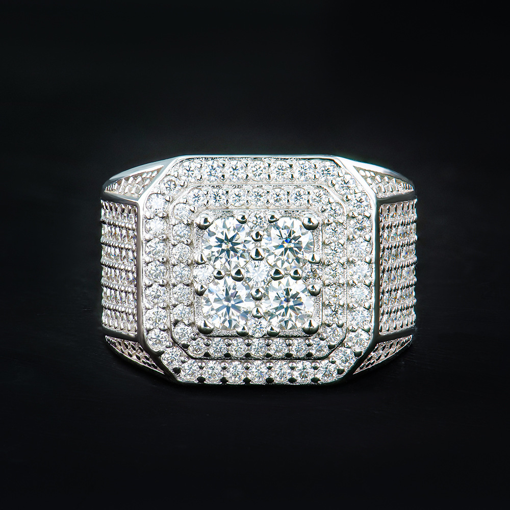 Side profile of pavé set lab moissanite ring showing craftsmanship and setting details