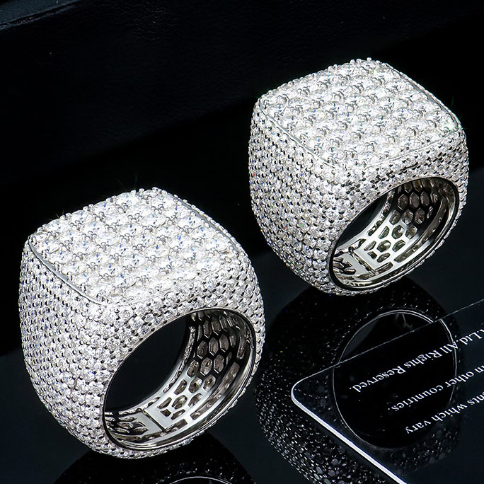 Front view of S925 Fully Pavé-Lab Moissanite Men's Ring on black velvet background