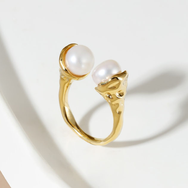 Front view of Freshwater Pearls Adjustable Ring S925 on natural wood background