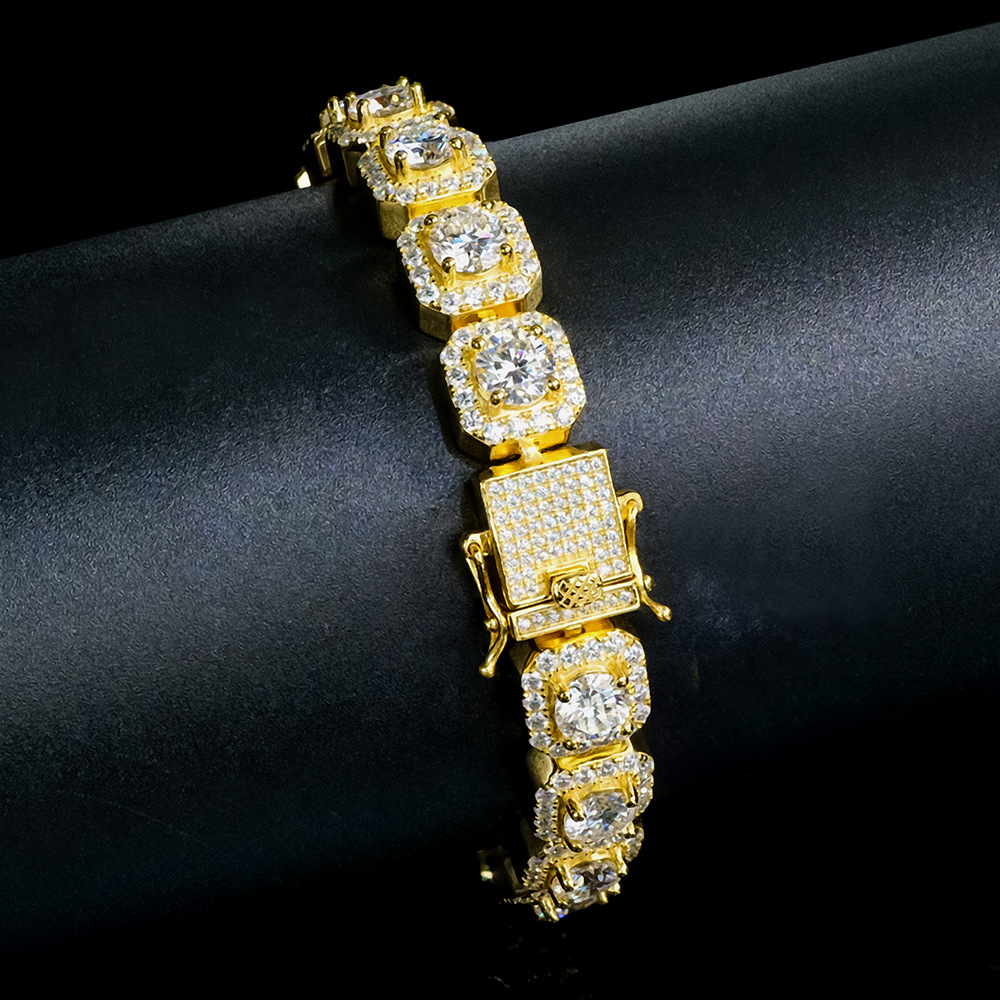 Simulated wrist wear of the thick 8MM gold iced out bracelet, demonstrating a masculine look