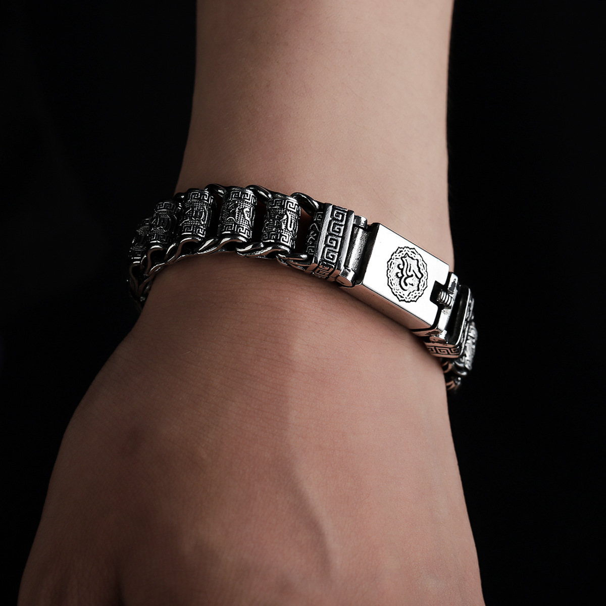 Man Wearing Black Onyx Six True Words Mantra Bracelet - Tibetan Buddhist Spiritual Gift