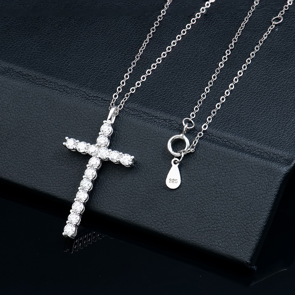 15-Stone Iced Out Moissanite Cross Pendant Necklace 