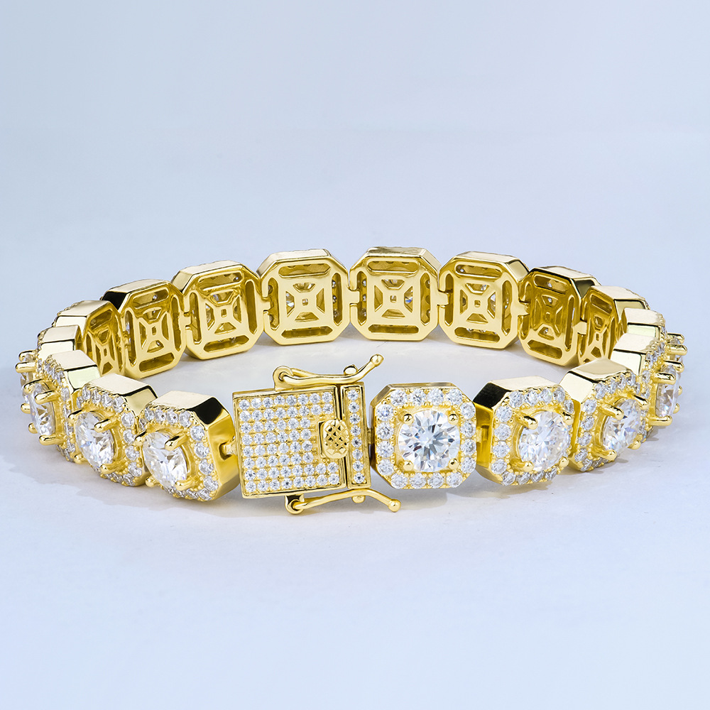 Men's 8MM Wide Gold Plated Moissanite Tennis Bracelet isolated on a white background