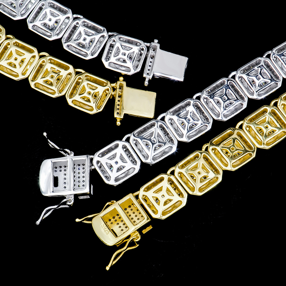 Gold and silver men's bracelets vertically aligned, emphasizing the identical width