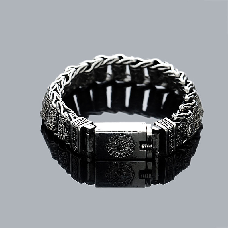 Spiritual Six Syllable Mantra Bracelet for Men - Black Onyx Beads and Tibetan Silver Charm