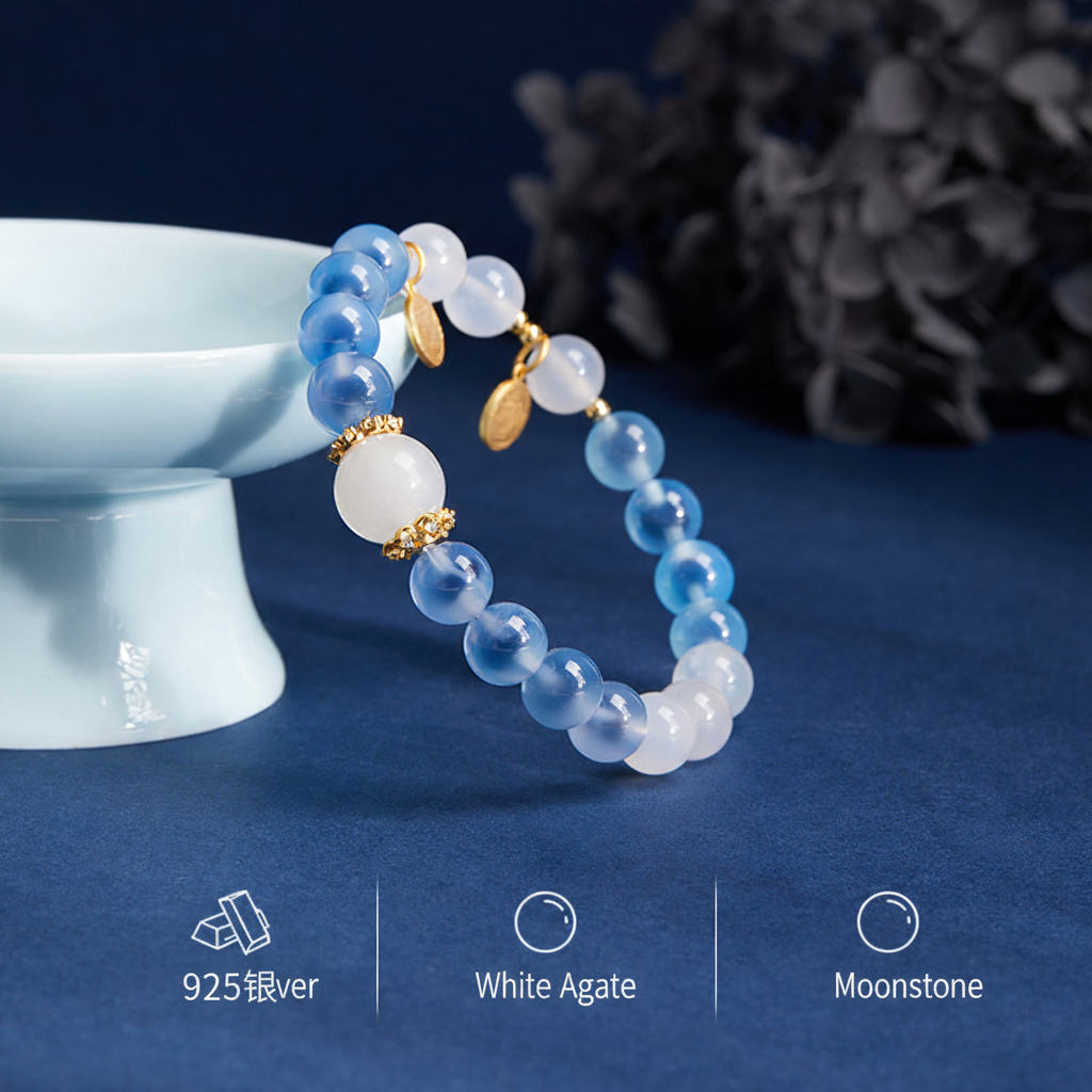 White Agate Blue Moonstone Lucky Bracelet, Candy Heart-SlimGlow Lab