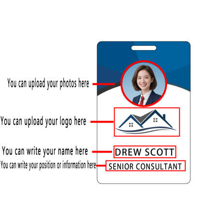 Style T107 Custom Print Employee ID Badge , Personalized Name Badge Double Sided Print with Name, Photo, Logo