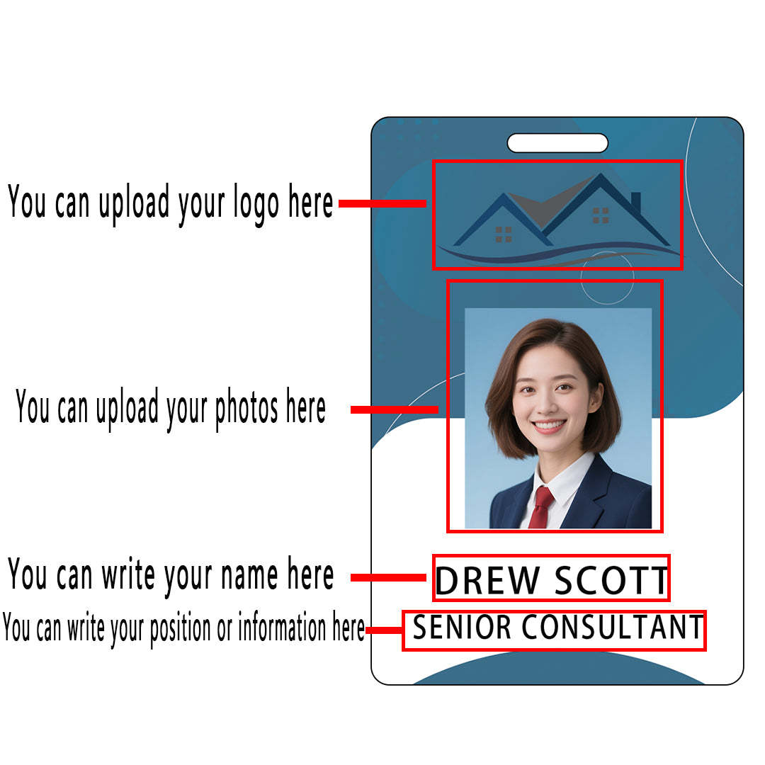 Style D02 Custom Print Employee ID Badge with Text, Personalized Name Badge Double Sided Print with Name, Photo, Logo
