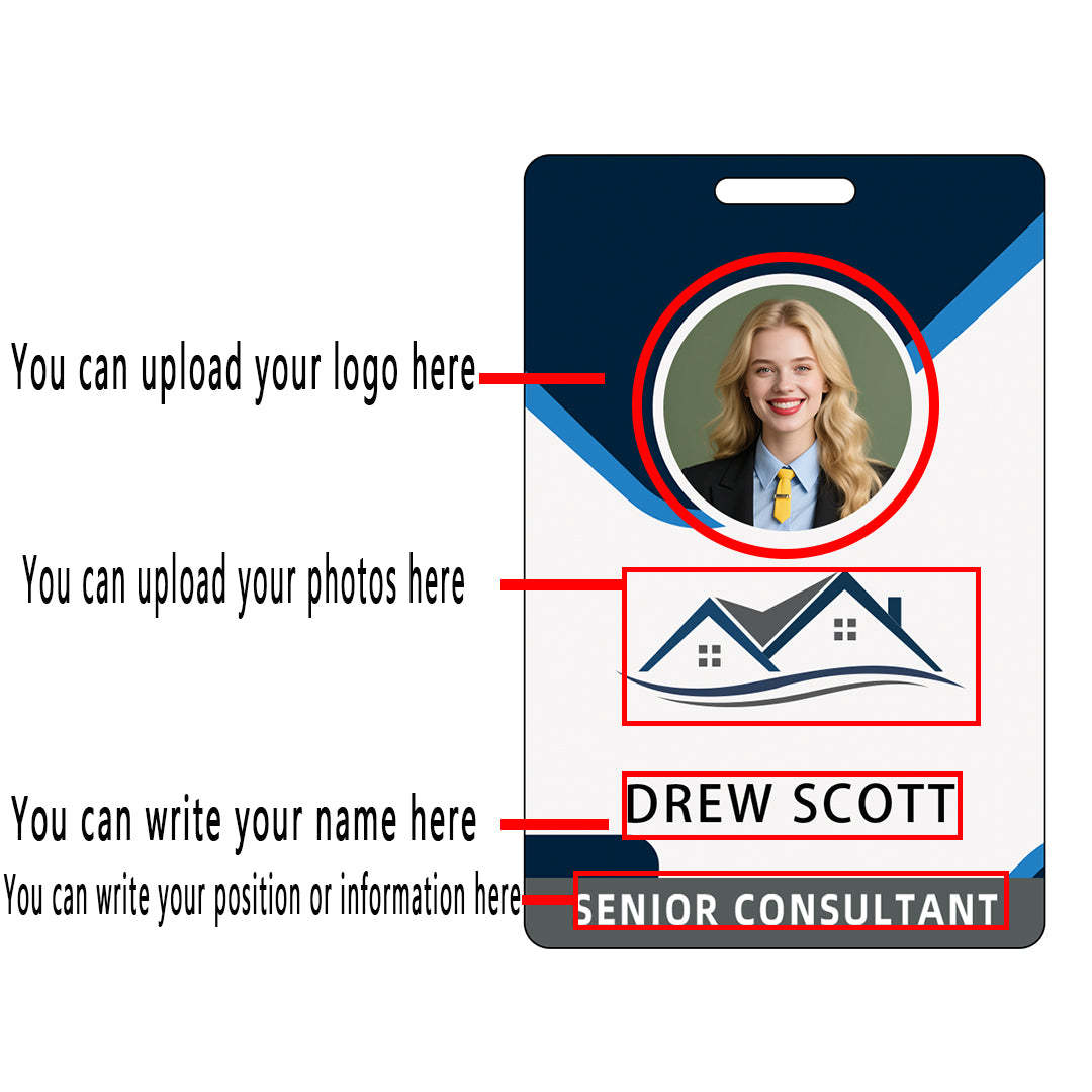 Style D03 Custom Print Employee ID Badge with Text, Personalized Name Badge Double Sided Print with Name, Photo, Logo