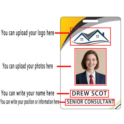 Style D04 Custom Print Employee ID Badge with Text, Personalized Name Badge Double Sided Print with Name, Photo, Logo