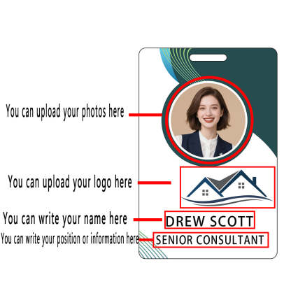 Style D06 Custom Print Employee ID Badge with Text, Personalized Name Badge Double Sided Print with Name, Photo, Logo