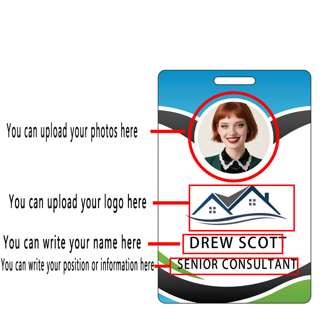 Style D07 Custom Print Employee ID Badge with Text, Personalized Name Badge Double Sided Print with Name, Photo, Logo