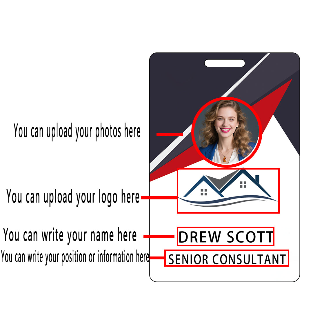Style D12 Custom Print Employee ID Badge with Text, Personalized Name Badge Double Sided Print with Name, Photo, Logo