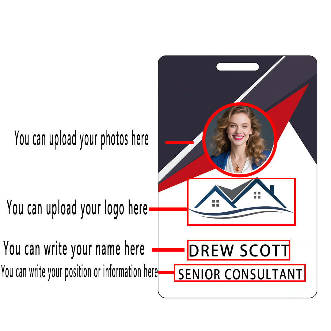 Style D12 Custom Print Employee ID Badge with Text, Personalized Name Badge Double Sided Print with Name, Photo, Logo