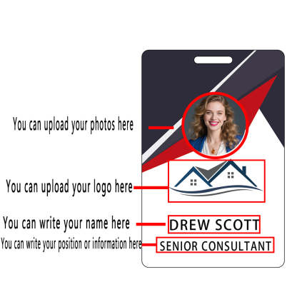 Style D12 Custom Print Employee ID Badge with Text, Personalized Name Badge Double Sided Print with Name, Photo, Logo