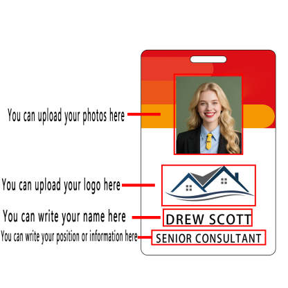 Style D14 Custom Print Employee ID Badge with Text, Personalized Name Badge Double Sided Print with Name, Photo, Logo