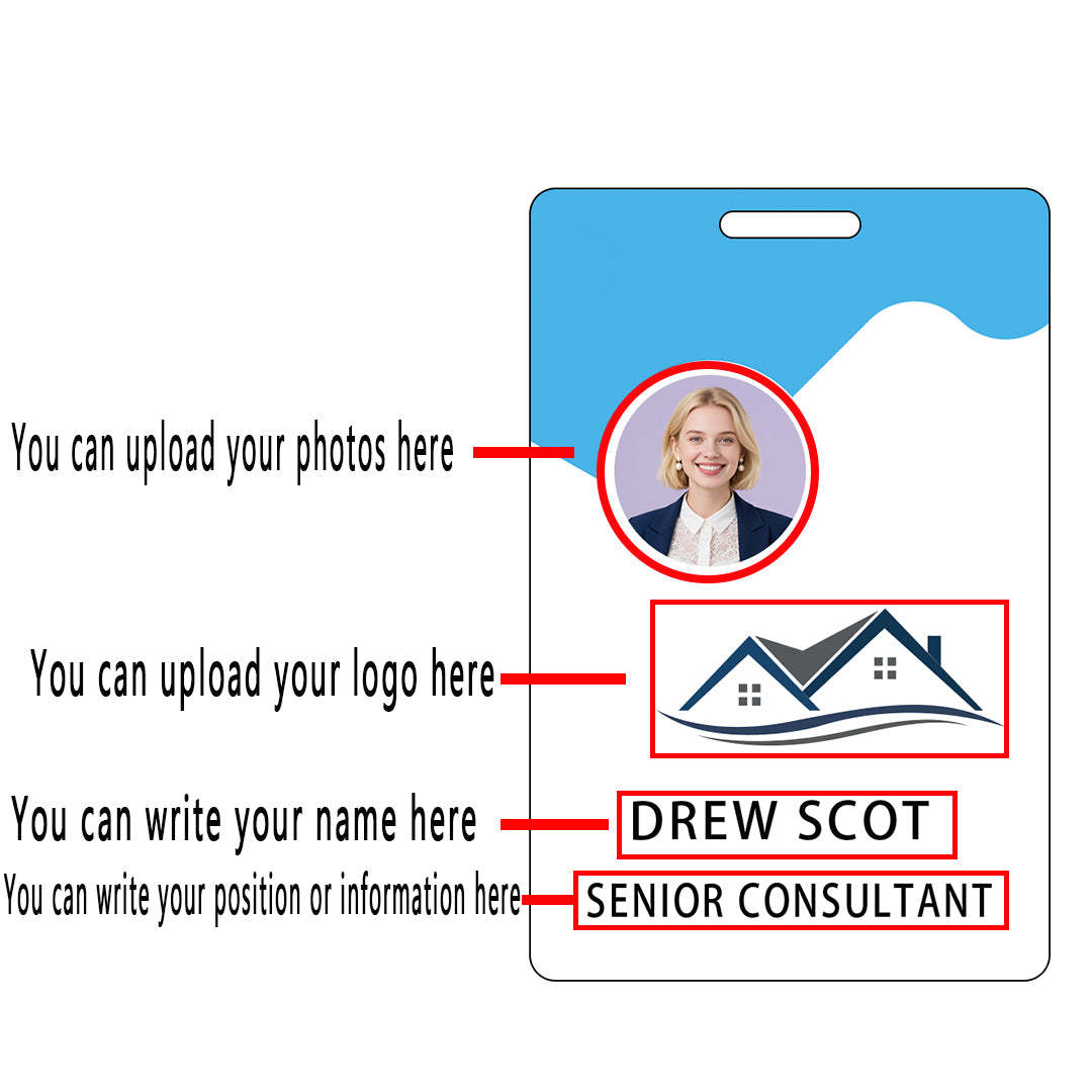 Style D15 Custom Print Employee ID Badge with Text, Personalized Name Badge Double Sided Print with Name, Photo, Logo