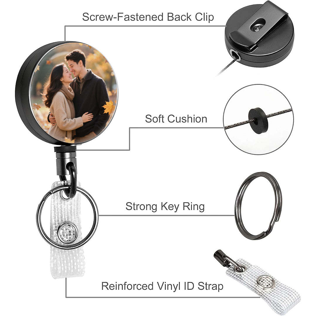 Custom photo Heavy Duty Badge Reel Retractable Badge Holder, Metal Keychain ID Badge Holder Reels with Belt Clip Key Ring Reinforced Steel Cord for Key Name Card Holder