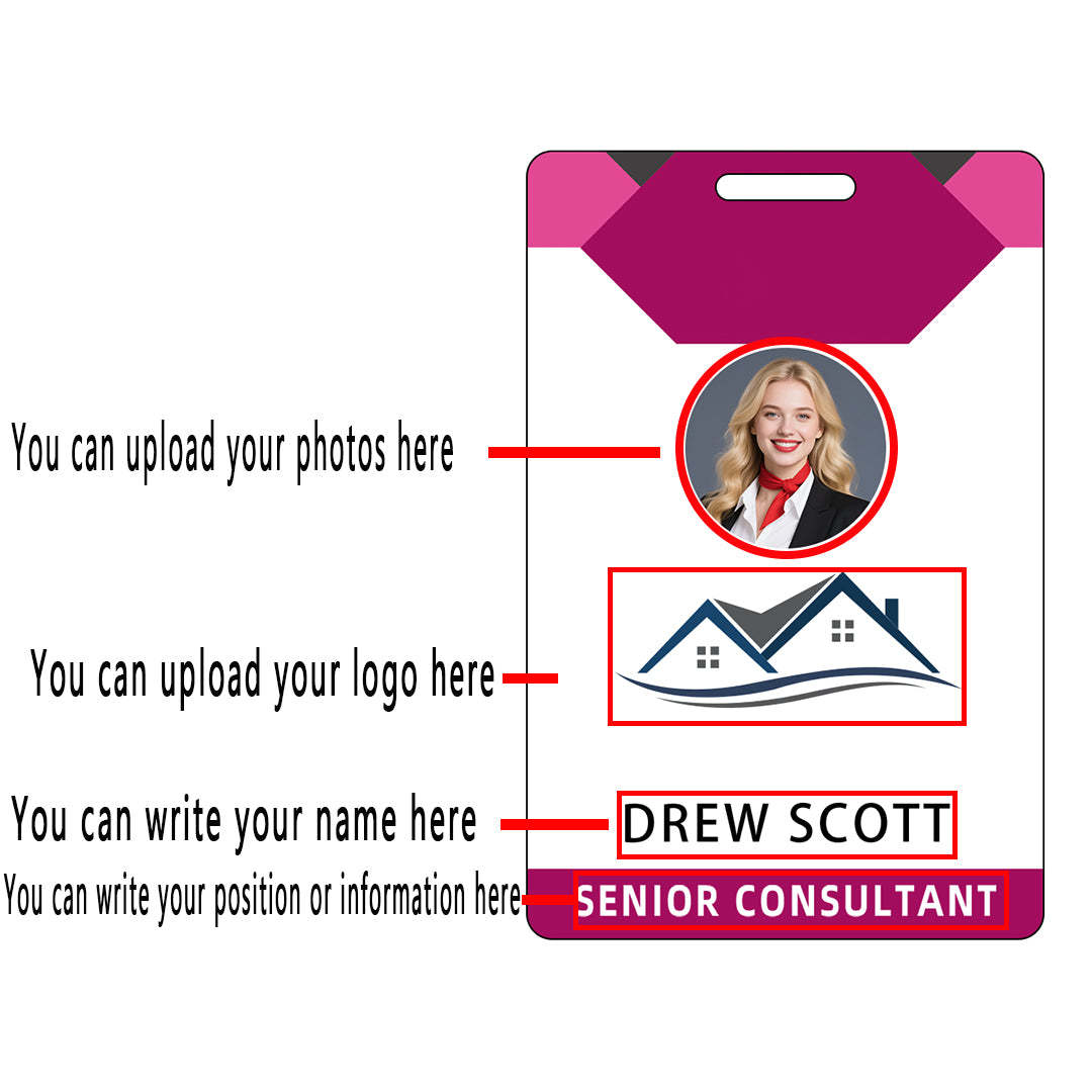 Style D17 Custom Print Employee ID Badge with Text, Personalized Name Badge Double Sided Print with Name, Photo, Logo