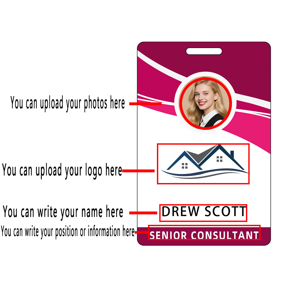 Style D57 Custom Print Employee ID Badge with Text, Personalized Name Badge Double Sided Print with Name, Photo, Logo