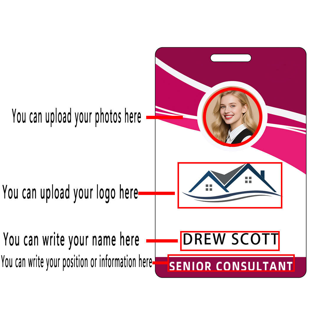Style D57 Custom Print Employee ID Badge with Text, Personalized Name Badge Double Sided Print with Name, Photo, Logo