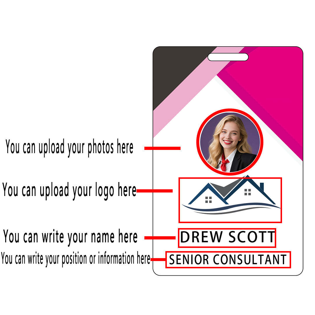 Style D25 Custom Print Employee ID Badge with Text, Personalized Name Badge Double Sided Print with Name, Photo, Logo
