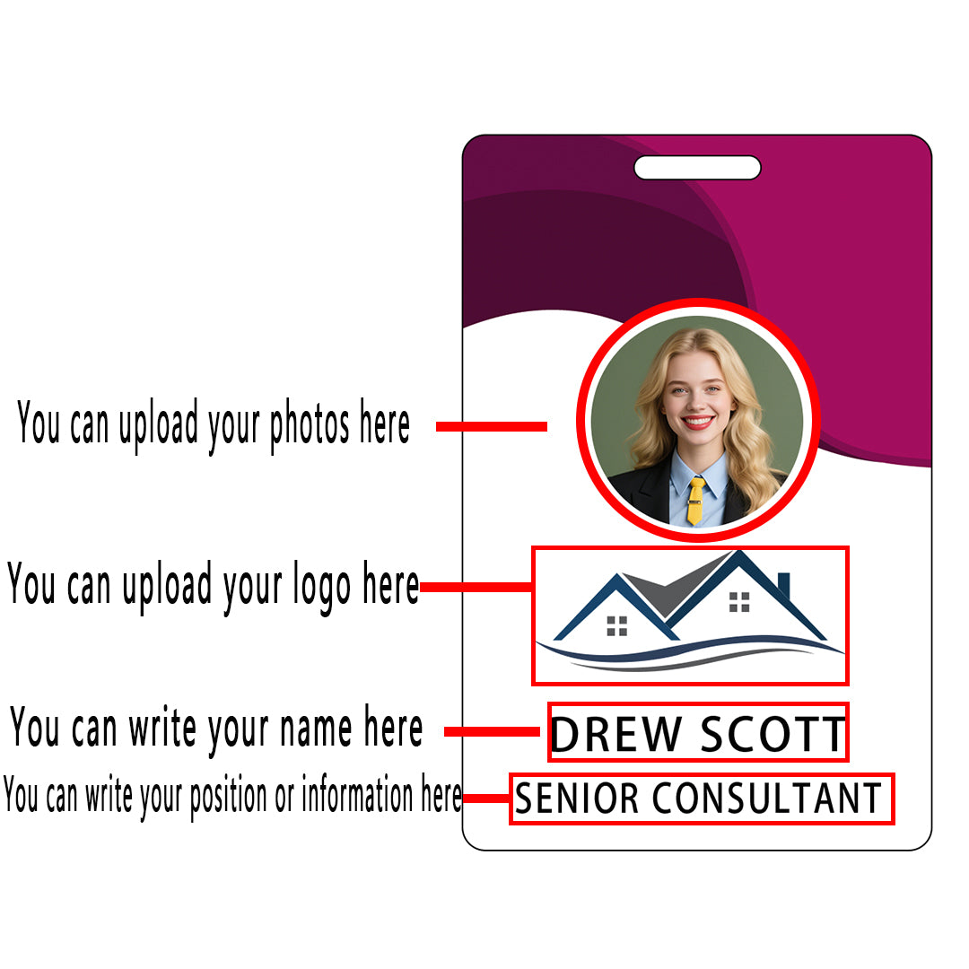 Style D28 Custom Print Employee ID Badge with Text, Personalized Name Badge Double Sided Print with Name, Photo, Logo
