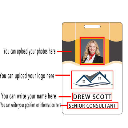 Style D33 Custom Print Employee ID Badge with Text, Personalized Name Badge Double Sided Print with Name, Photo, Logo