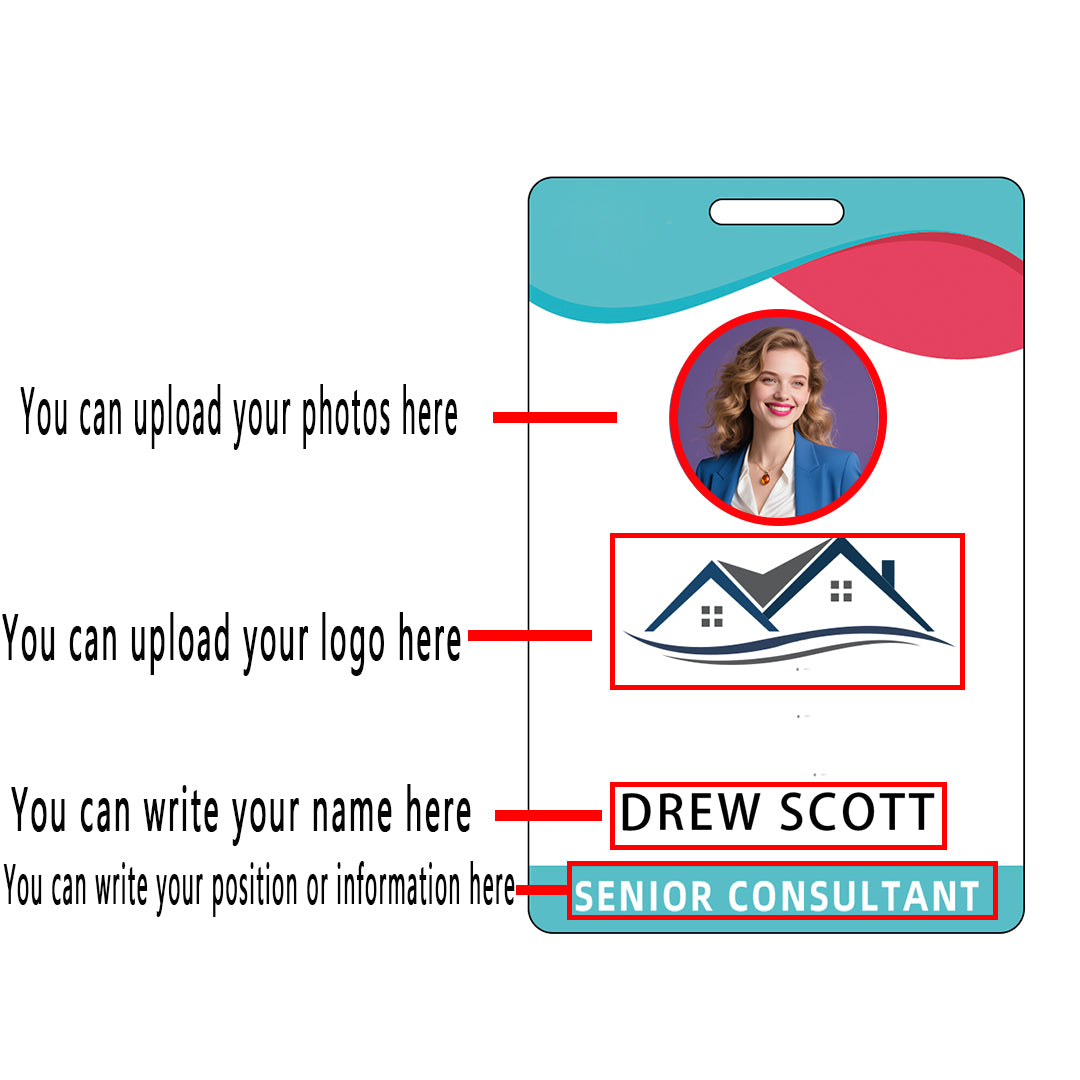 Style D35 Custom Print Employee ID Badge with Text, Personalized Name Badge Double Sided Print with Name, Photo, Logo