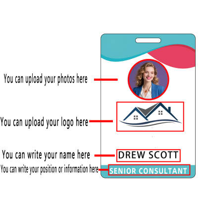 Style D35 Custom Print Employee ID Badge with Text, Personalized Name Badge Double Sided Print with Name, Photo, Logo