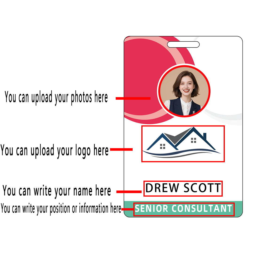 Style D38 Custom Print Employee ID Badge with Text, Personalized Name Badge Double Sided Print with Name, Photo, Logo