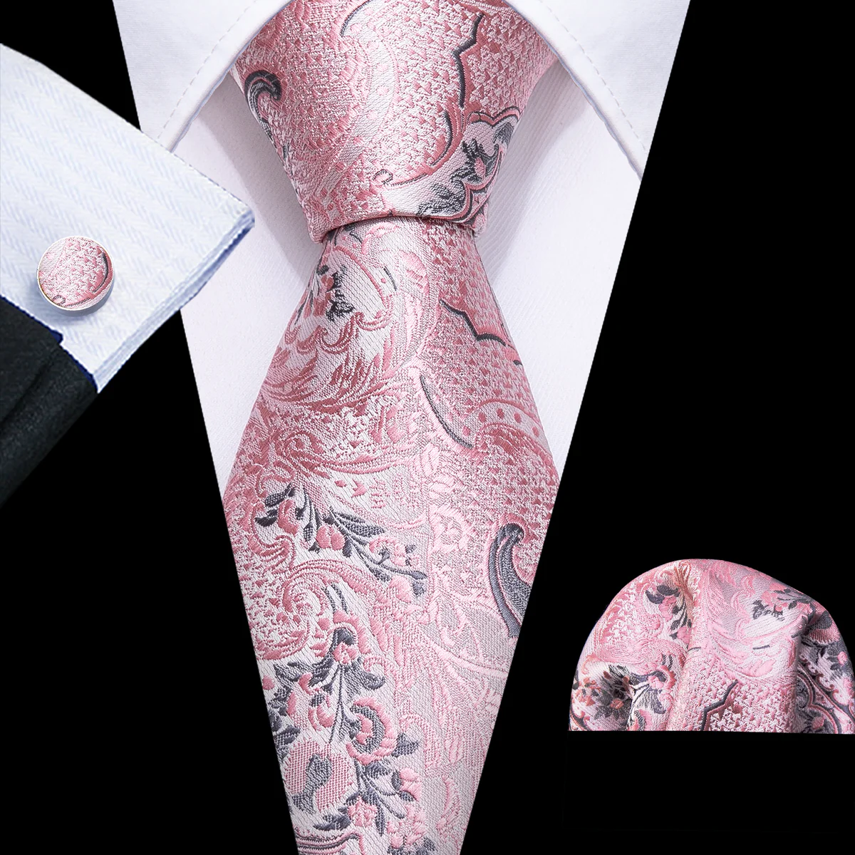 Barry.Wang Baby Blue Tie For Men Floral Silk Necktie Pocket Square Cufflinks Formal Wedding Party Business