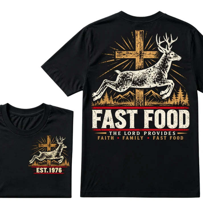 Faith Family Fast Food Deer Hunting T-Shirt, The Lord Provides Vintage Cross Hunter Graphic Tee