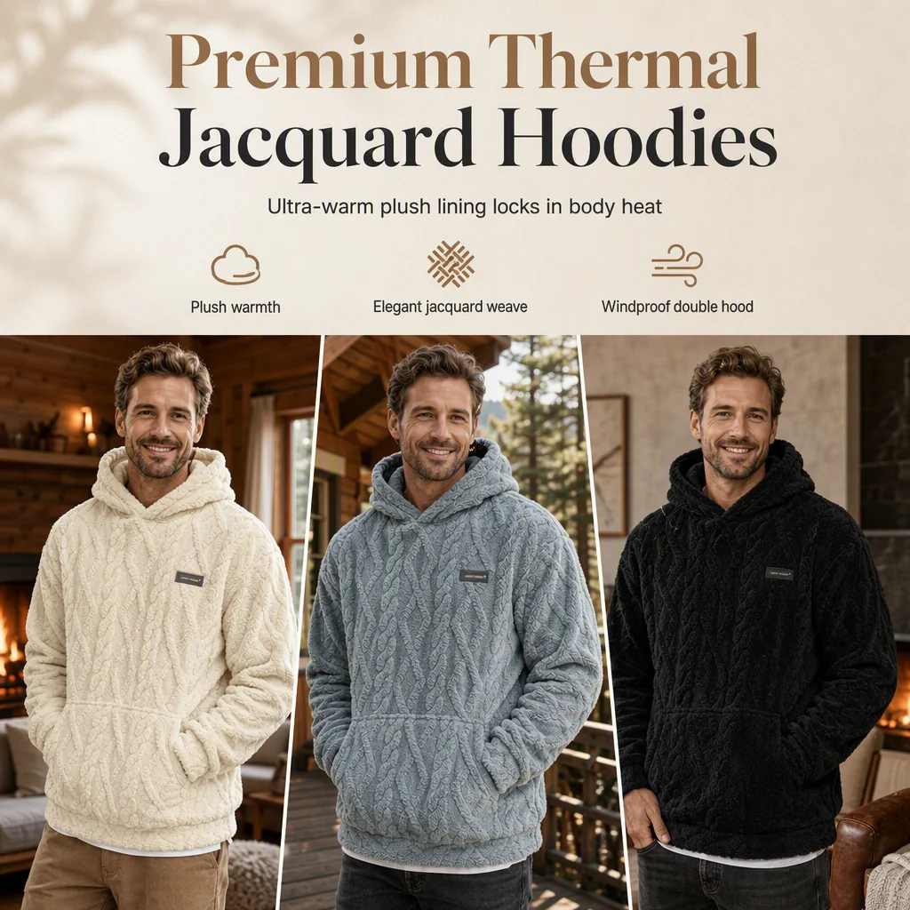 Men's Winter Lined Hoodie Jacquard Pattern Long Sleeve Pullover Sweatshirt for Casual Outdoor Wear✨