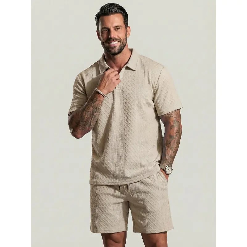 ⏰LAST DAY 55% OFF - Men's Solid Polo Shirt & Drawstring Waist Shorts Set Cozy Breathable Two-piece Outfits for Daily Outdoor Wear Menswear Suits