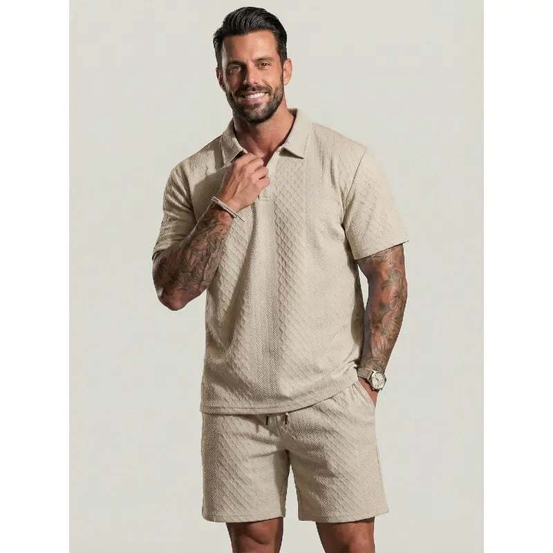 ⏰LAST DAY 55% OFF - Men's Solid Polo Shirt & Drawstring Waist Shorts Set Cozy Breathable Two-piece Outfits for Daily Outdoor Wear Menswear Suits