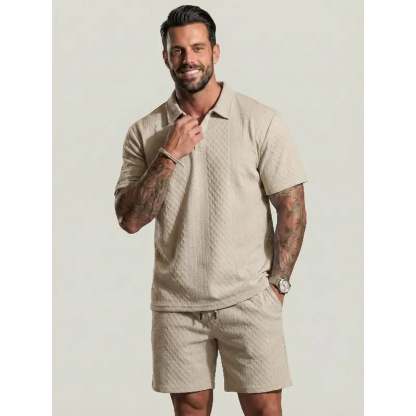 ⏰LAST DAY 55% OFF - Men's Solid Polo Shirt & Drawstring Waist Shorts Set Cozy Breathable Two-piece Outfits for Daily Outdoor Wear Menswear Suits