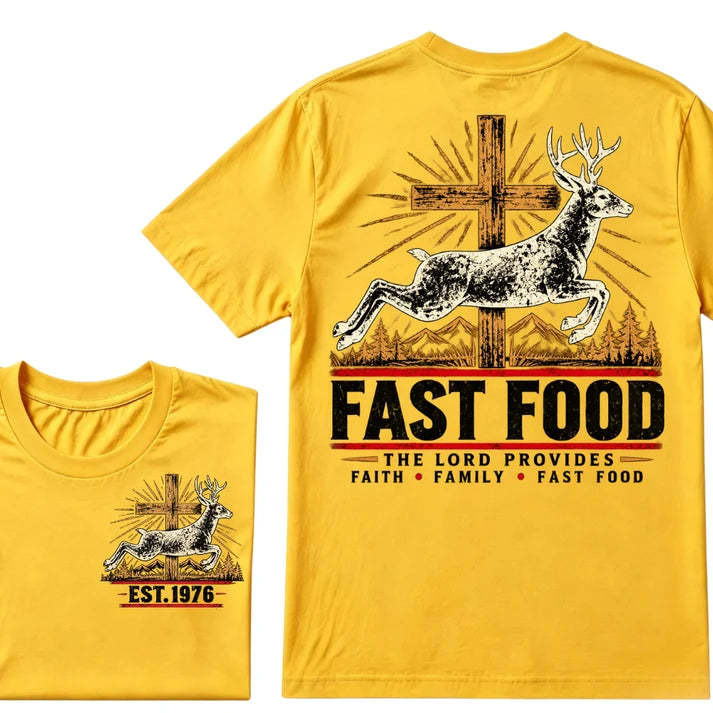 Faith Family Fast Food Deer Hunting T-Shirt, The Lord Provides Vintage Cross EST.Year Hunter Graphic Tee
