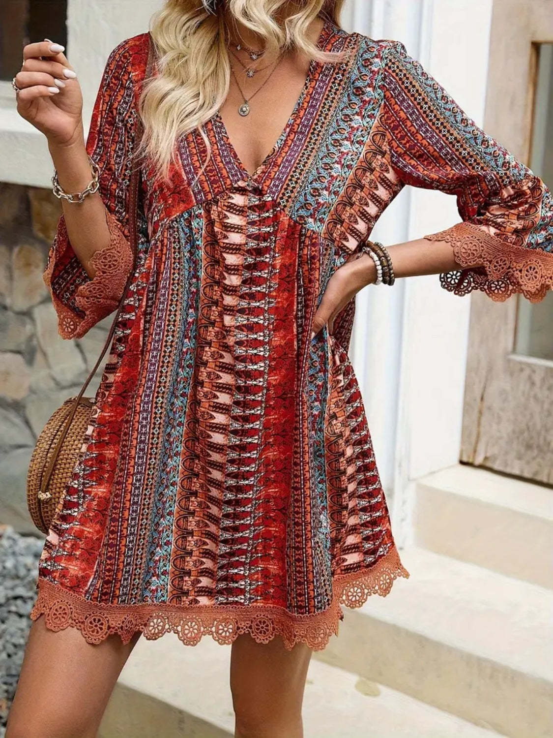 Lace Trim Printed V-Neck 3/4 Sleeve Dress(S-5XL)