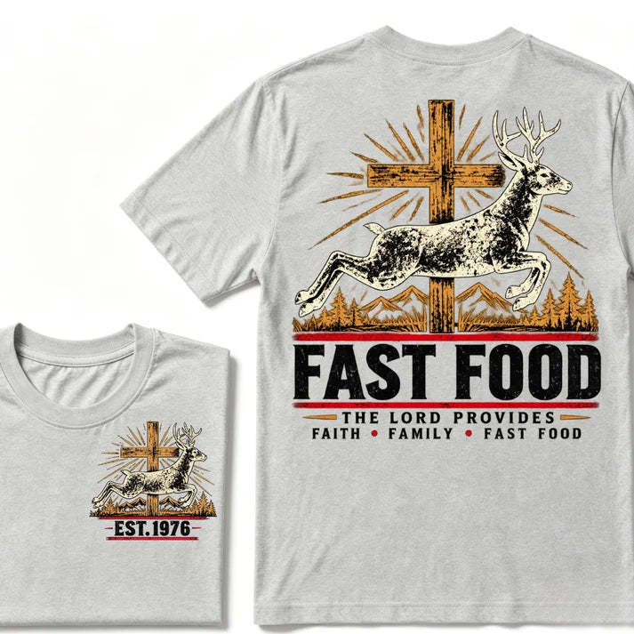 Faith Family Fast Food Deer Hunting T-Shirt, The Lord Provides Vintage Cross EST.Year Hunter Graphic Tee