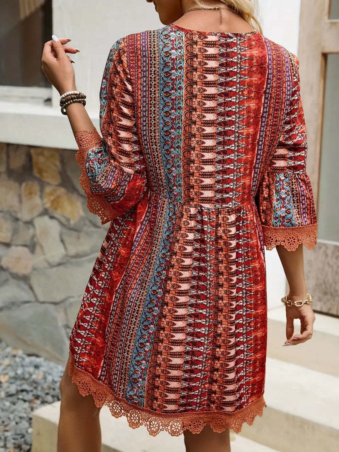 🌷🌷Lace Trim Printed V-Neck 3/4 Sleeve Dress(S-5XL)